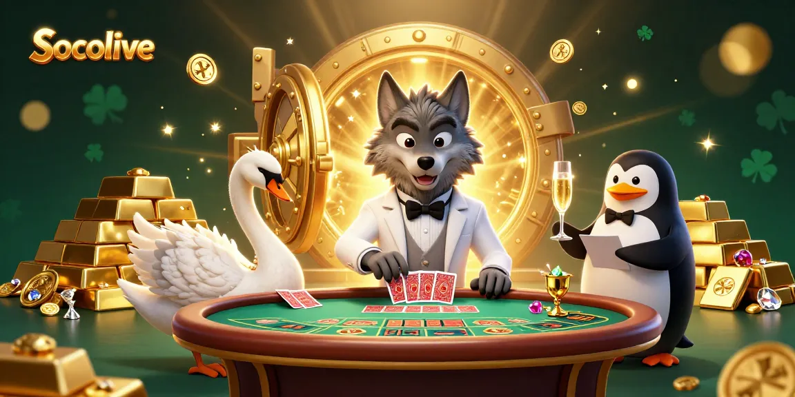 Socolive captivates with a dynamic scene of a debonair wolf, elegant swan, and sophisticated penguin at a lavish gambling table, showcasing the thrill of live betting.