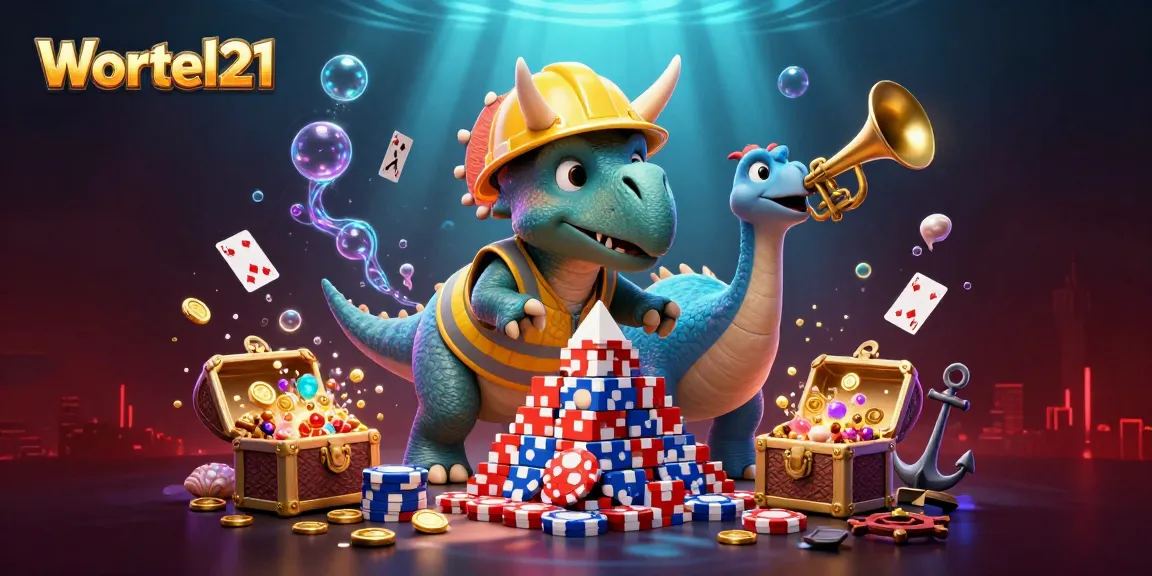 Wortel21 celebrates with a triceratops building poker chips and treasures in a vibrant casino scene.