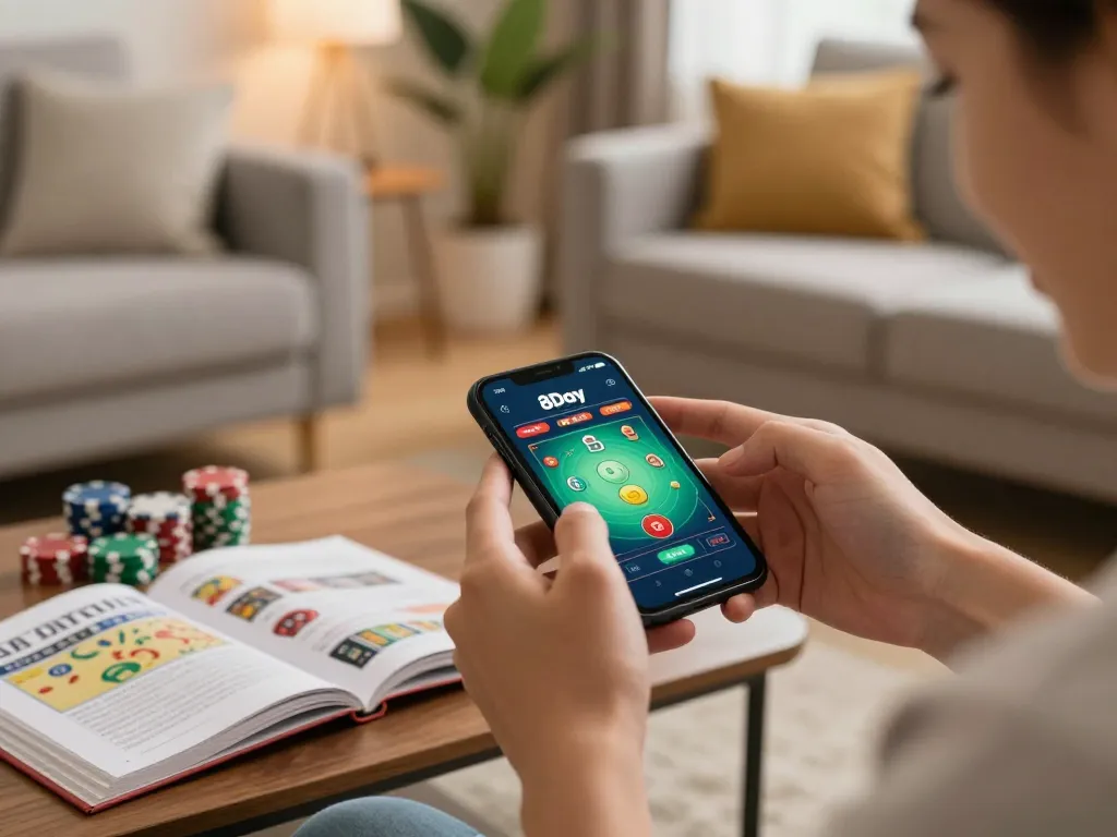 Engaged user enjoying 8Day casino app on smartphone, surrounded by poker chips and a strategy book.