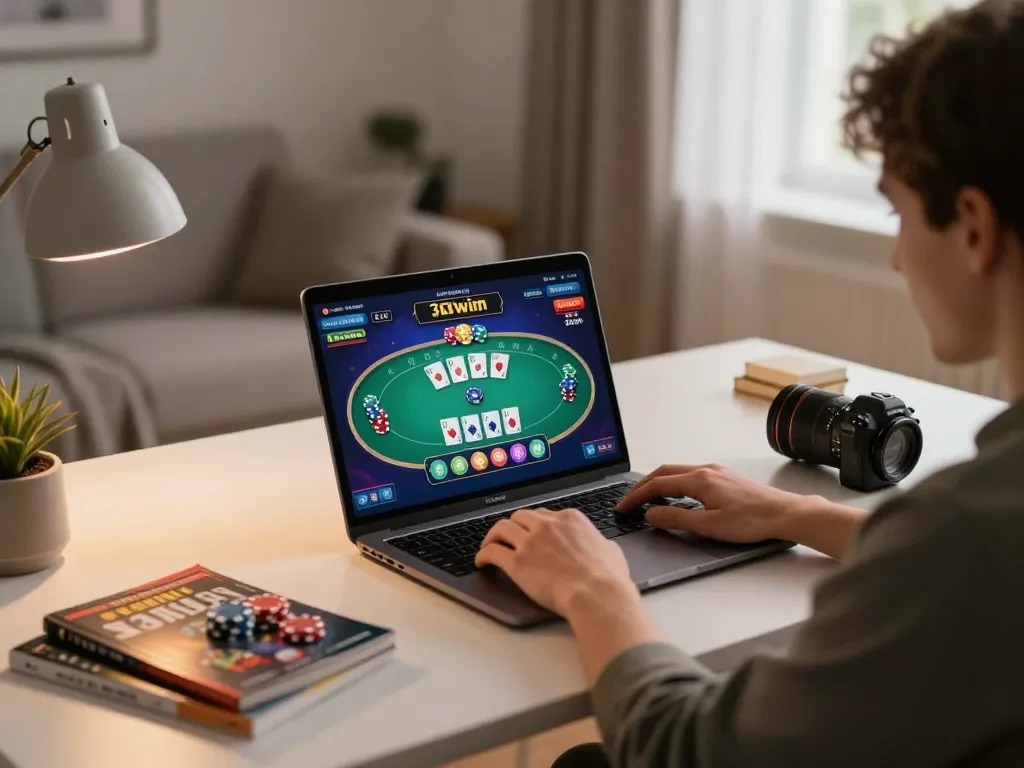 Player engaging with 33win casino games on a laptop at home, chips and strategy notes visible