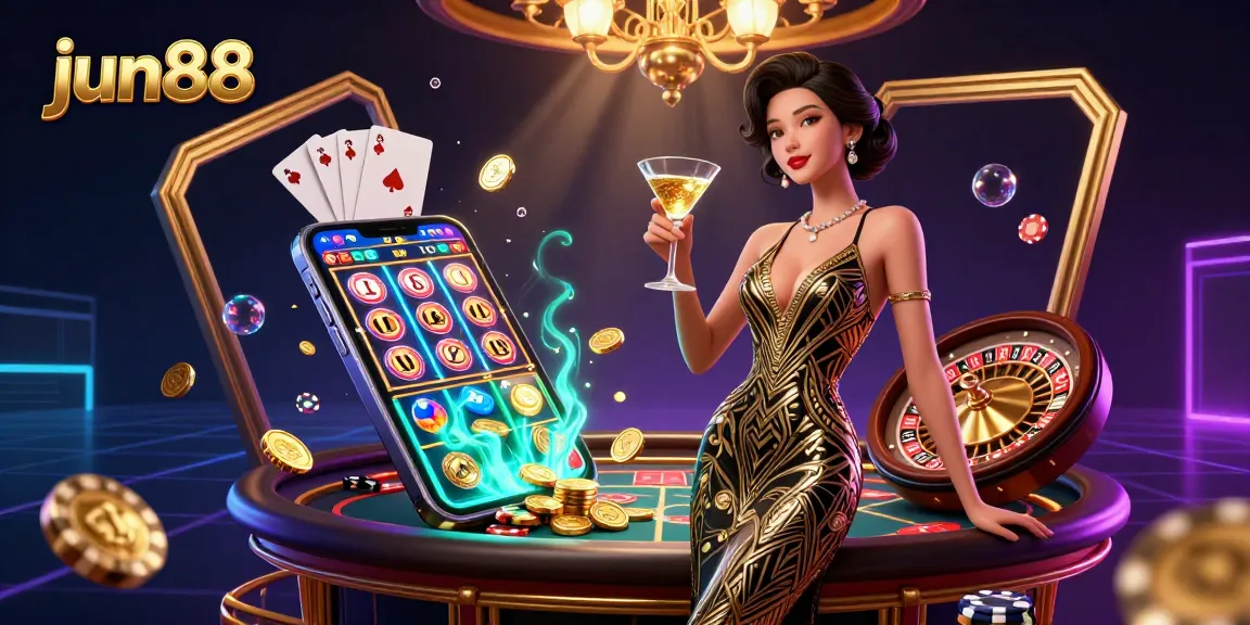 Experience excitement at jun88 with a glamorous woman celebrating victories amid casino games and golden coins.