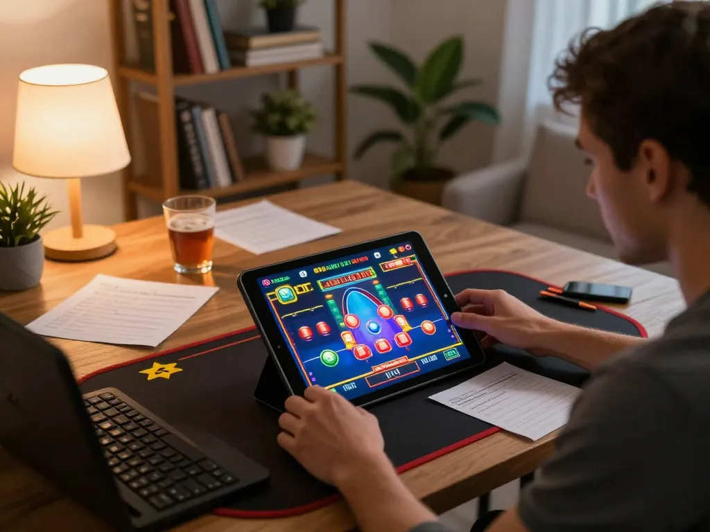 Player engaging in exciting online slot game using tablet at home, representing 789win gambling experience