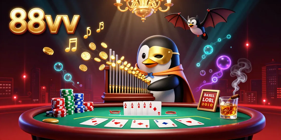 Experience thrilling casino action with 88vv's vibrant whale of a scene capturing a penguin playing coins while poker chips tower high.