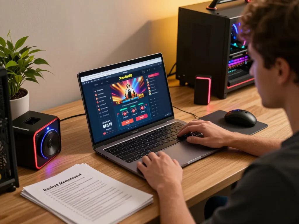 Xocdia88 player immersively analyzing strategies on a laptop in a cozy home setting.