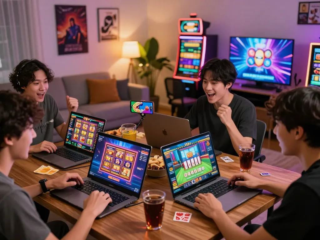Players enjoying games on 99WIN platform in a lively home setting.