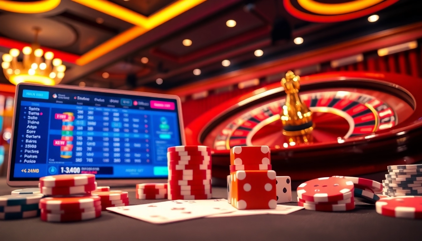 Engaging online gambling scene showcasing 包网 elements with poker chips, roulette wheel, and digital interface.