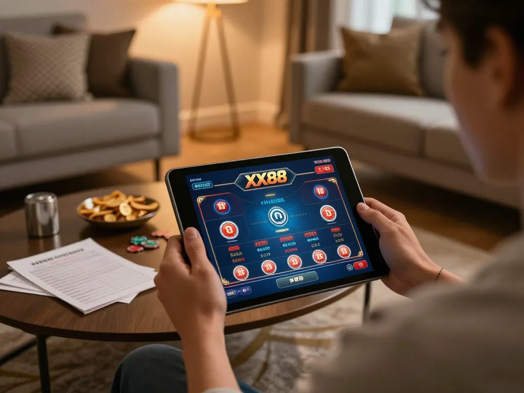Engaging online gaming session with XX88 casino interface on tablet in a cozy home