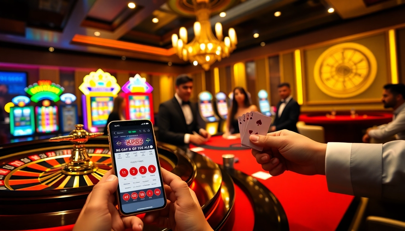 Experience the excitement of KP88 space with a dynamic casino scene, featuring poker tables and slot machines.