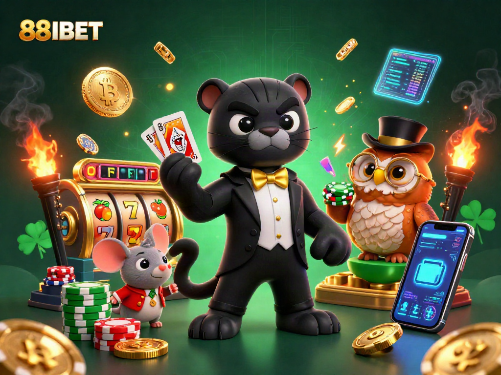 Play thrilling slots at 88IBET with a panther dealer, owl with chips, and lucky mouse.