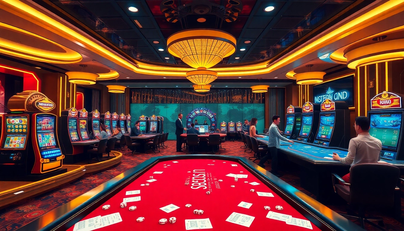 A vibrant casino scene highlighting nohu90 with players enjoying slot machines and engaging with live dealers.