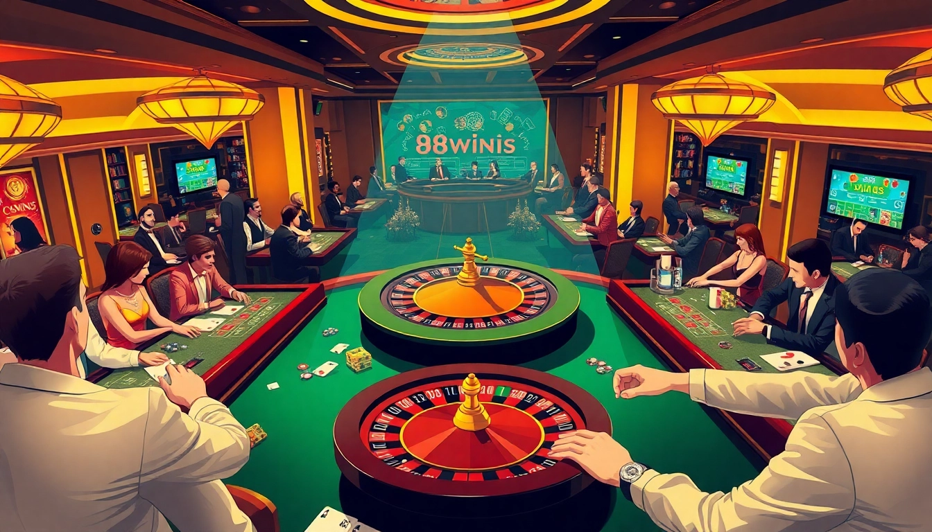 Experience luxury and excitement at 98WIN casino, with players engaging in roulette and card games.