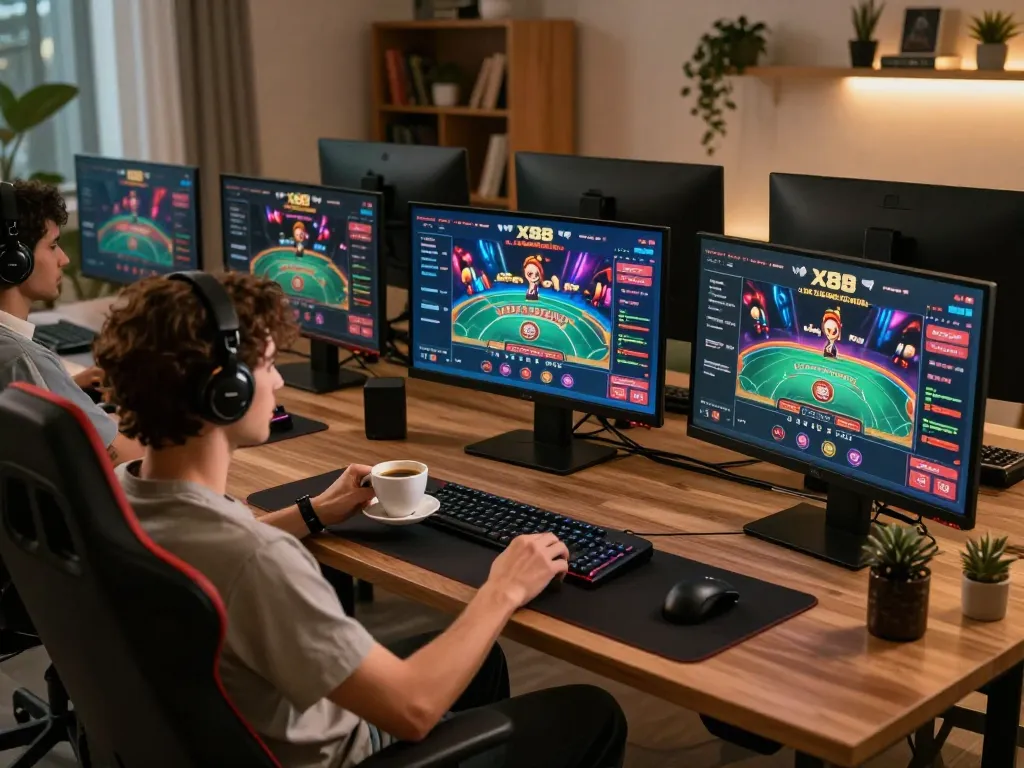 An engaged player enjoying dynamic gameplay on X88 online casino interface in a cozy home setting