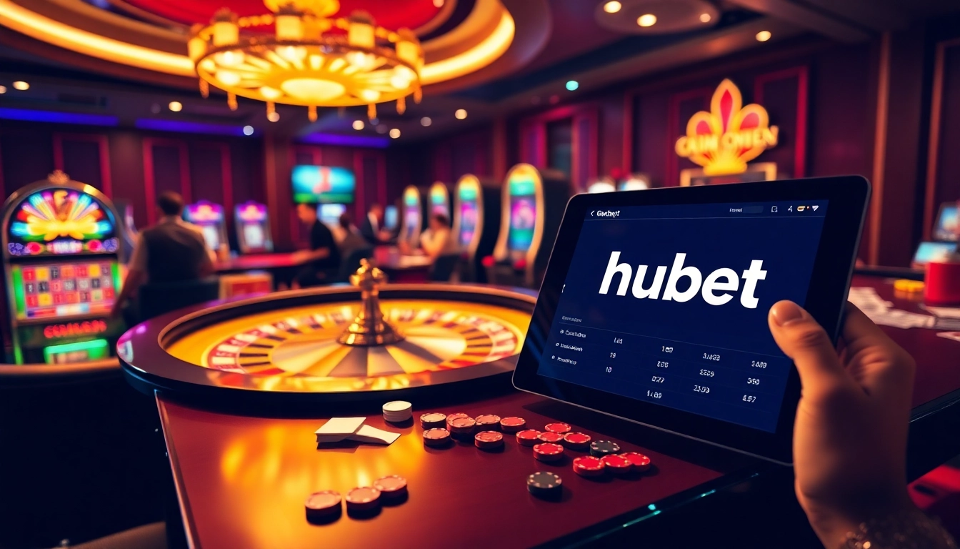 Excited players enjoying their time at Hubet's vibrant roulette and slot machines.
