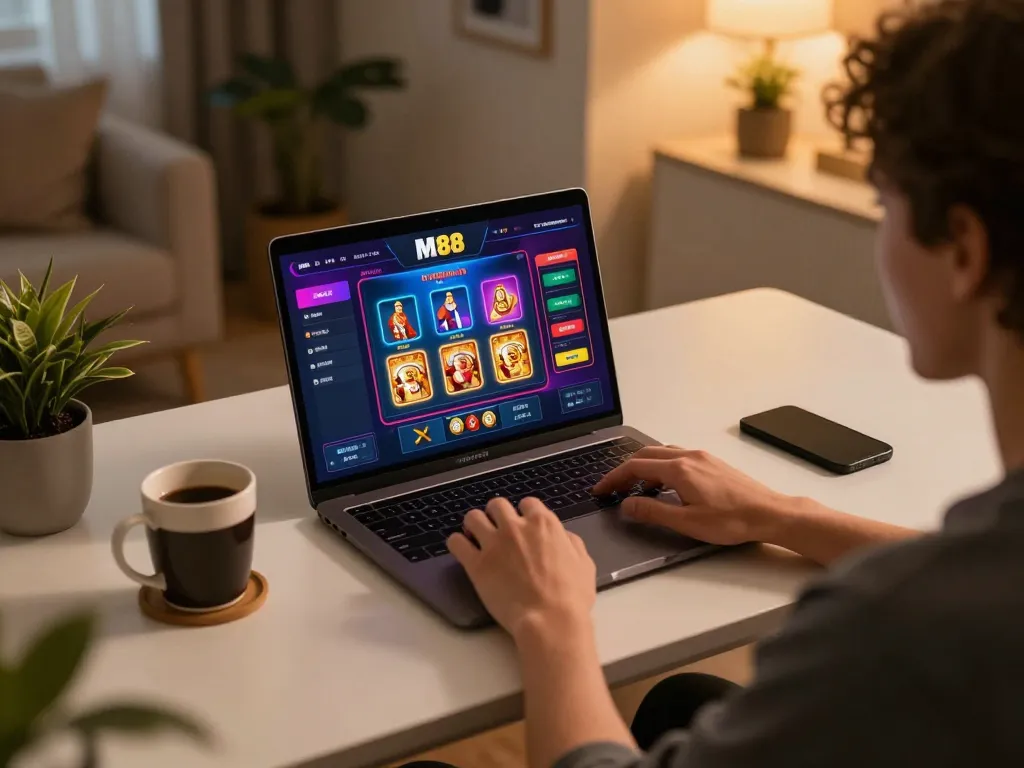 Engaged player at home using laptop for online gaming at https://www.mnm88.com/, showcasing live dealer game.