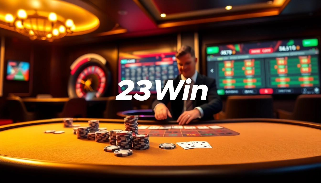 Engaged players enjoying a thrilling game at 23Win casino with vibrant tables and high-quality chips.
