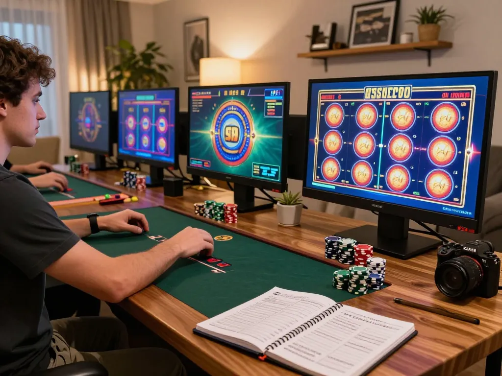 Player engaging with online slots on hay88x, vibrant gaming setup showing strategy notes and poker chips.