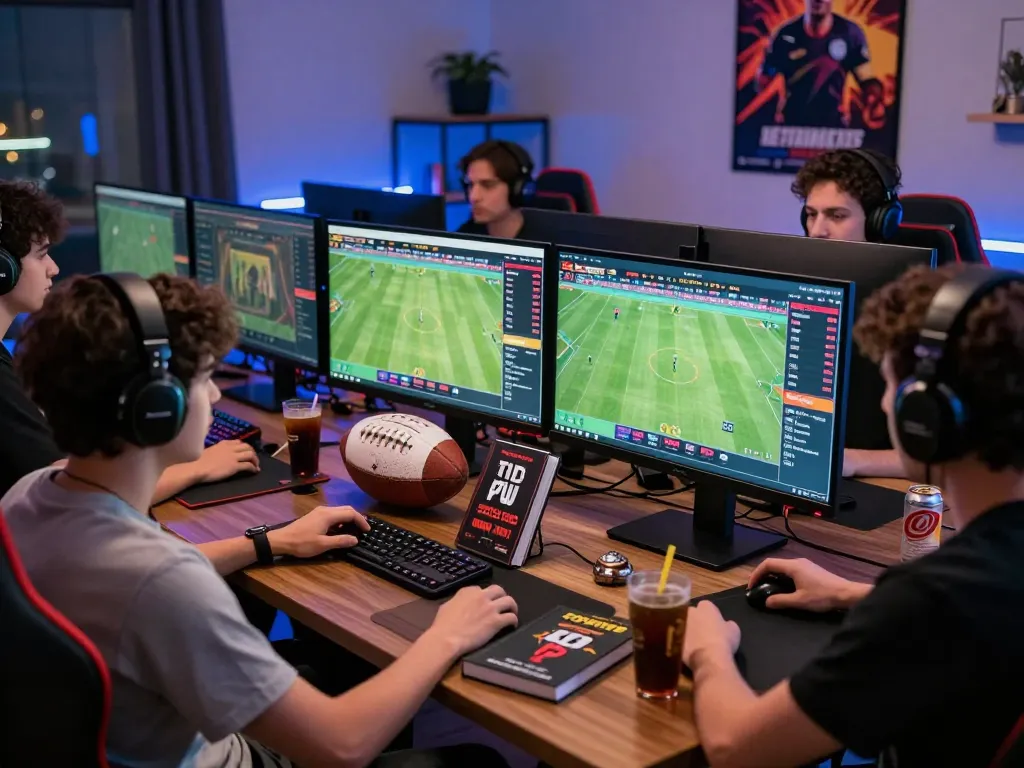 Gamers experiencing the thrill of live betting on Nowgoal with multiple screens displaying football scores and betting odds.