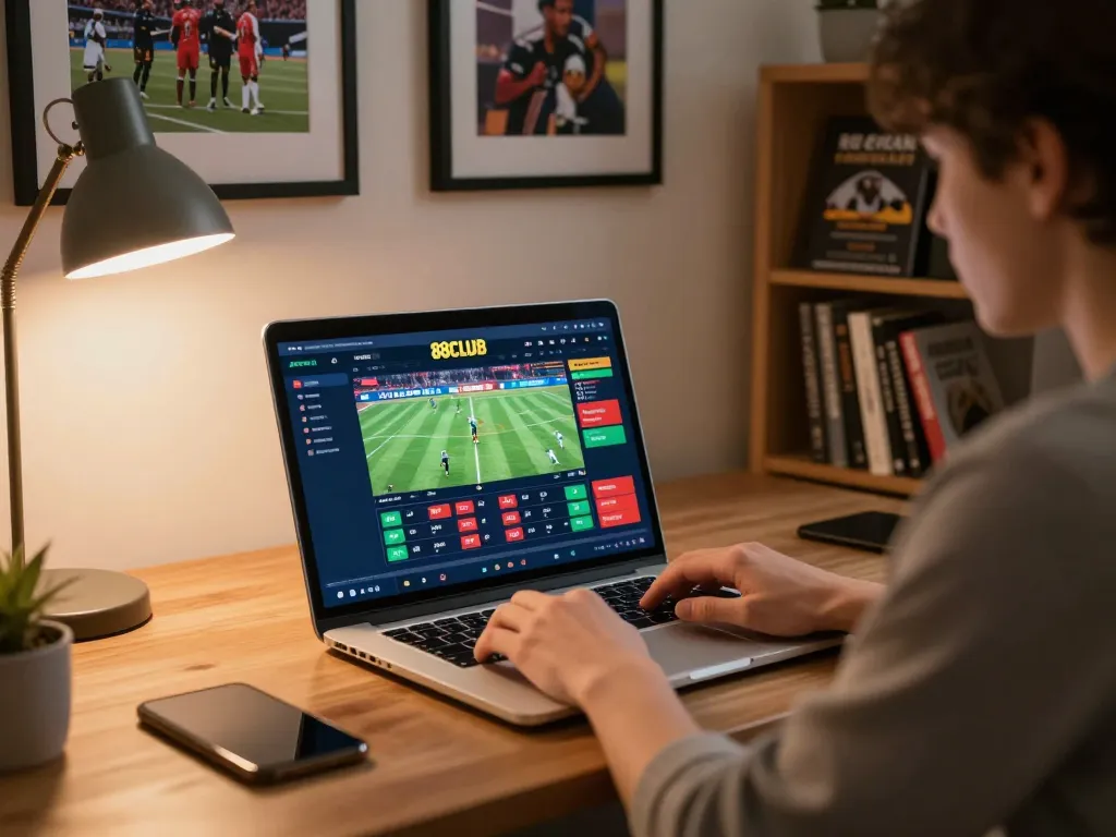 Player engaging with the 88CLUB online betting platform at home, emphasizing responsible gaming.