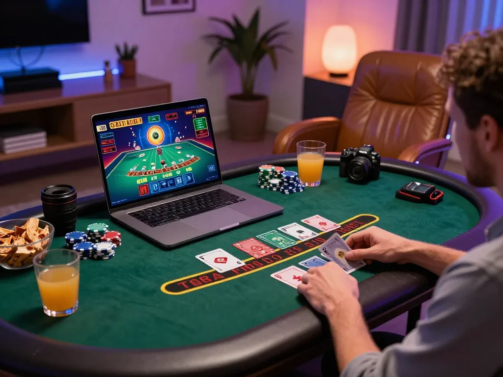 Player engaging in exciting blackjack game on cm88 online casino platform with vibrant graphics and stacked chips.