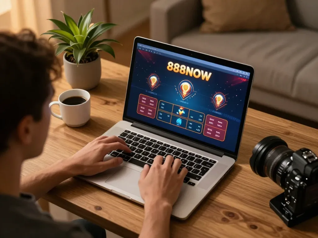 Player engaging with 888NOW poker game on laptop in cozy home setup
