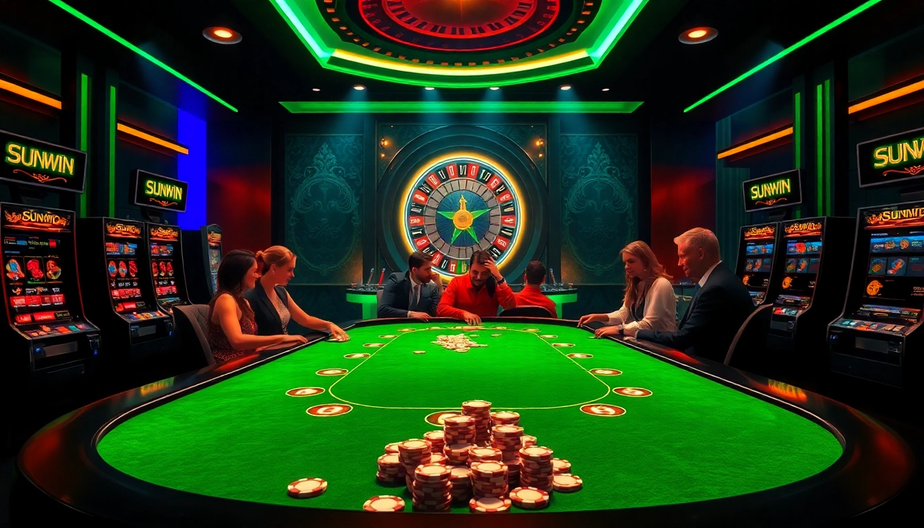 Players enjoying a thrilling poker game at the sunwin casino, surrounded by vibrant slot machines.