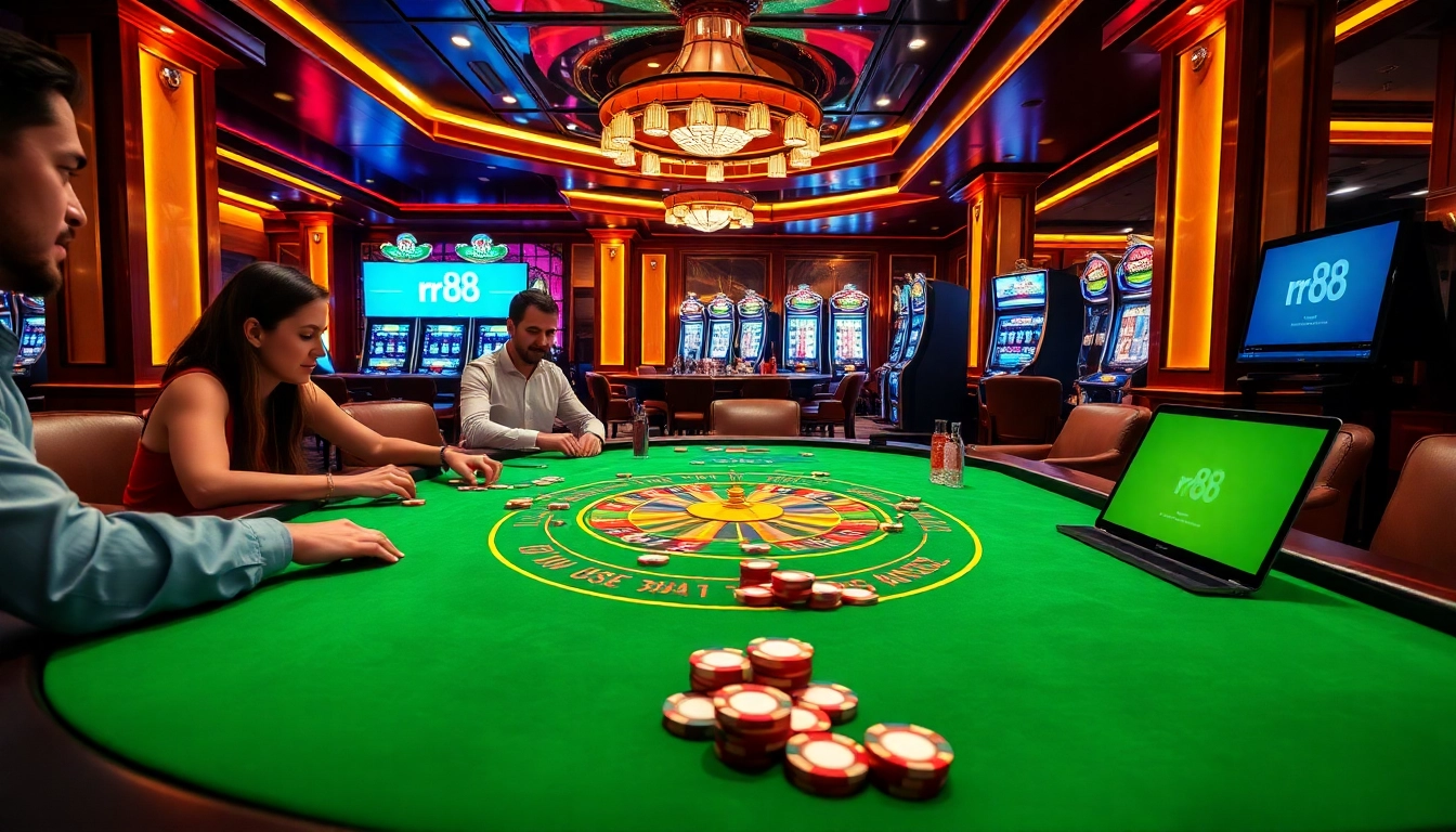 A vibrant casino scene with a poker table, featuring players playing rr 88 poker and colorful chips, emphasizing excitement and luxury.
