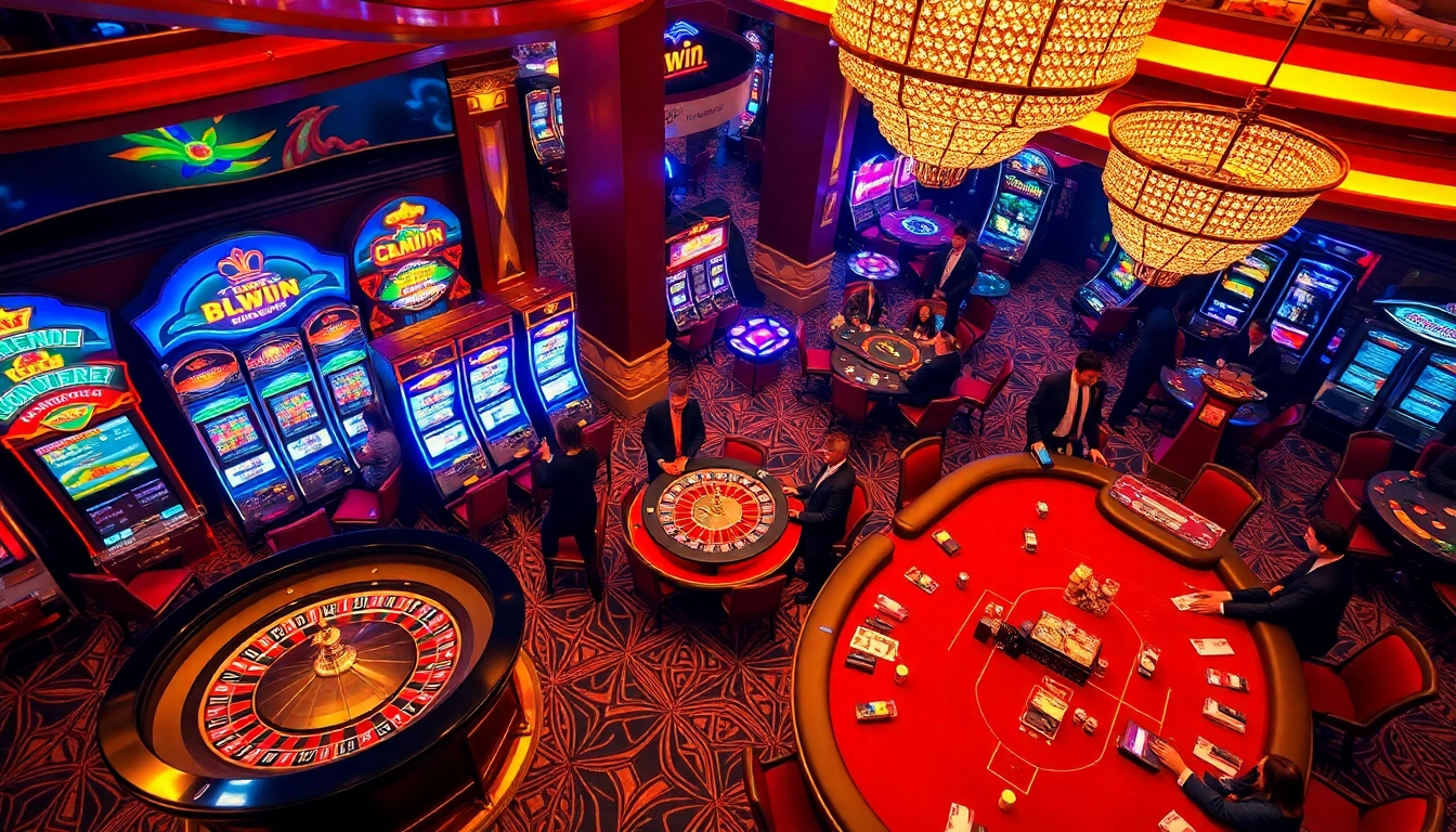 Players enjoying a thrilling gambling experience at okwin's luxurious casino with roulette and slot machines.