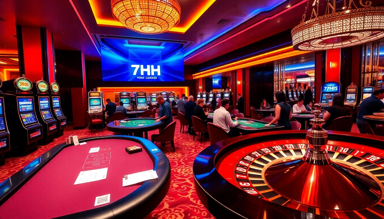Experience the thrill of 7HH's captivating casino atmosphere with poker games and vibrant slot machines.