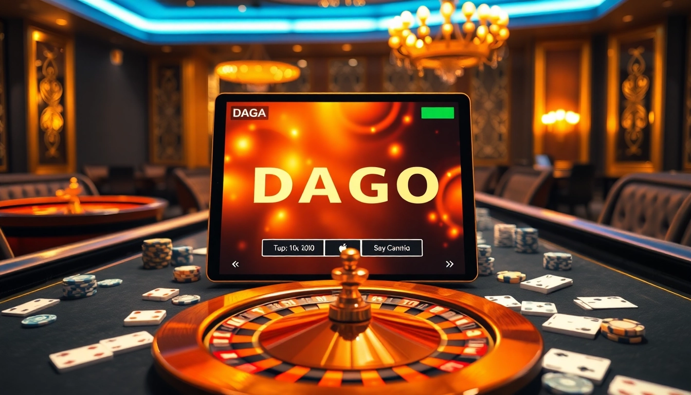DAGA online gambling interface featuring a roulette wheel and poker chips on a luxurious casino table.