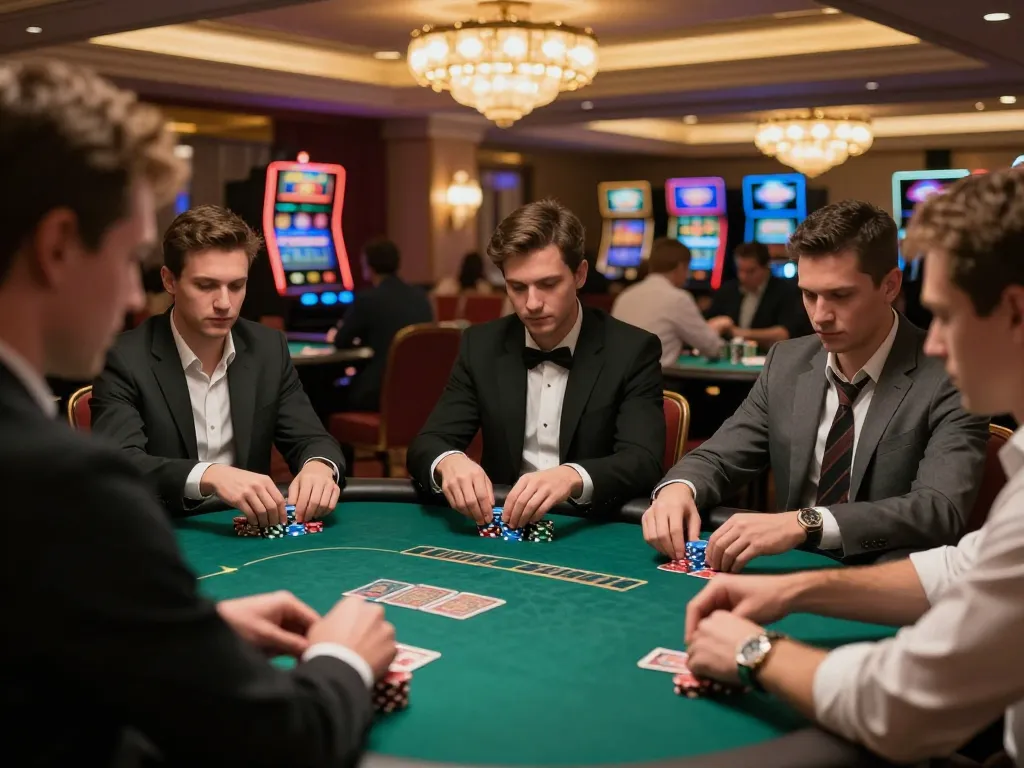 Players participating in an intense poker game at GO8 Casino, showcasing strategic gameplay and luxurious atmosphere.