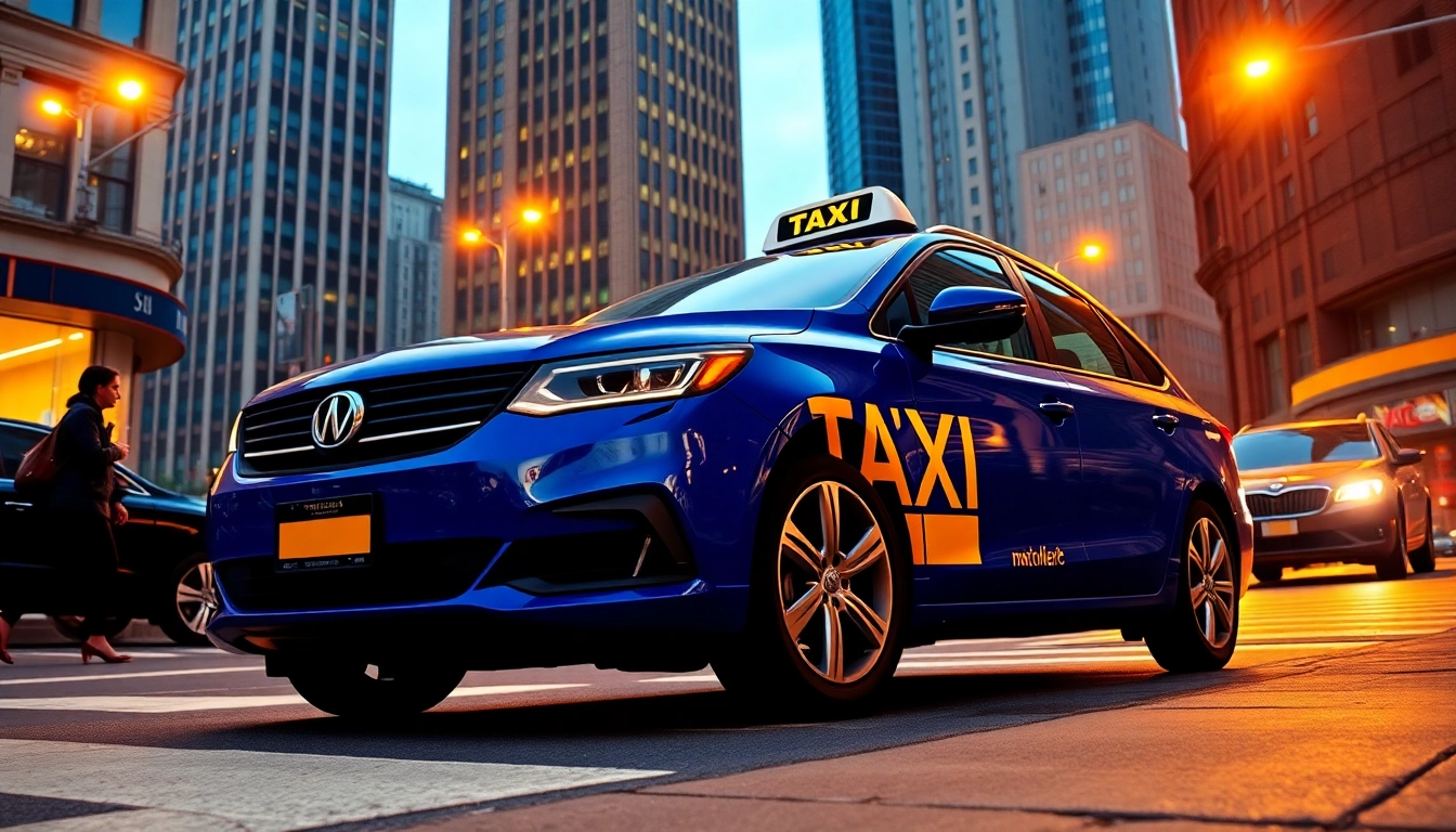 Taxi parked in the city, illuminated during golden hour, showcasing urban vibrancy.