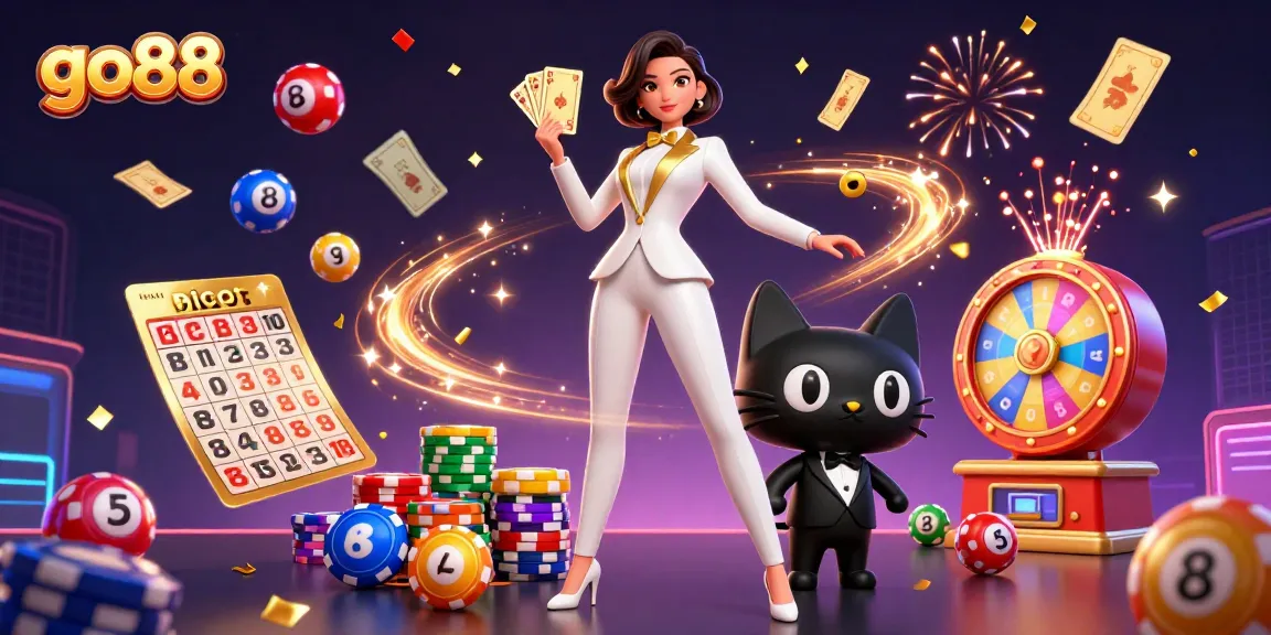 Experience the excitement of go88 with a glamorous woman in a tuxedo shuffling cards in a vibrant casino illustration.