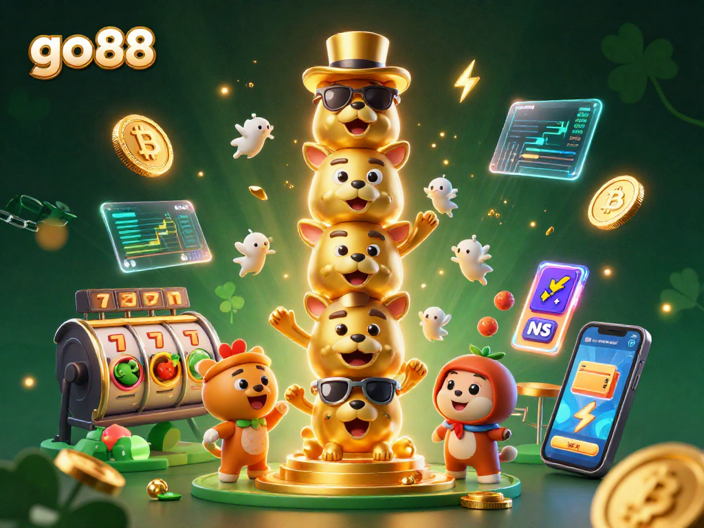 Experience the vibrant world of go 88 with cartoon characters, crypto coins, and captivating gaming elements.
