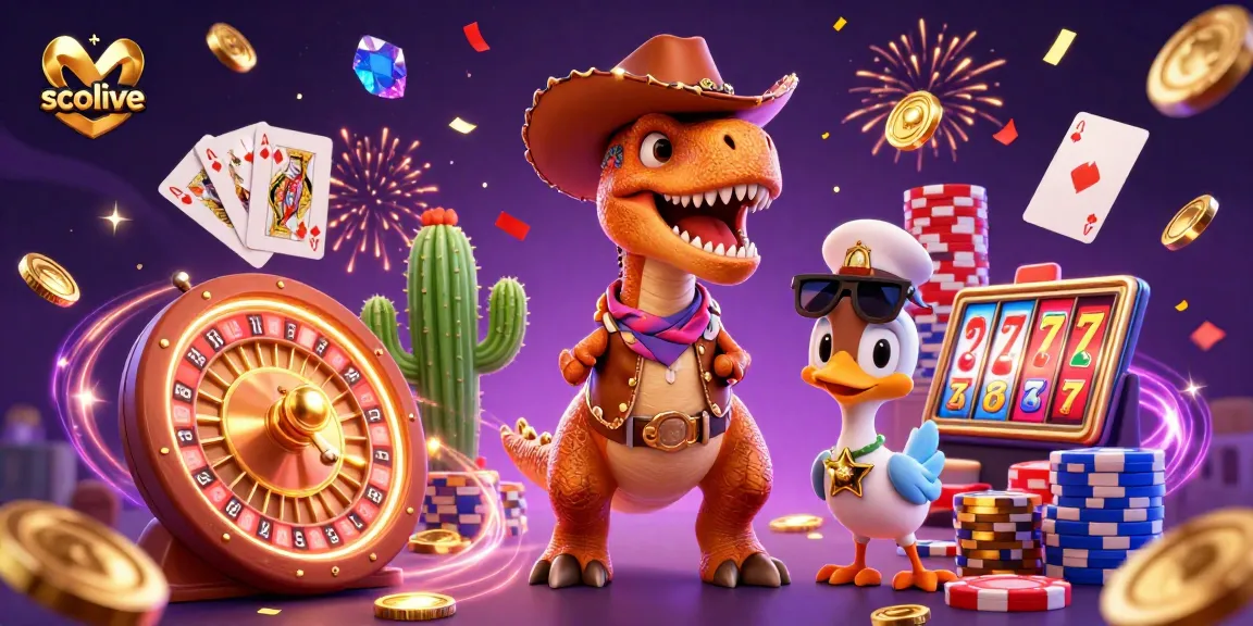 Socolive showcases a vibrant 3D cartoon illustration capturing a T-Rex cowboy dinosaur, amidst dynamic casino elements, celebrating wins and excitement.