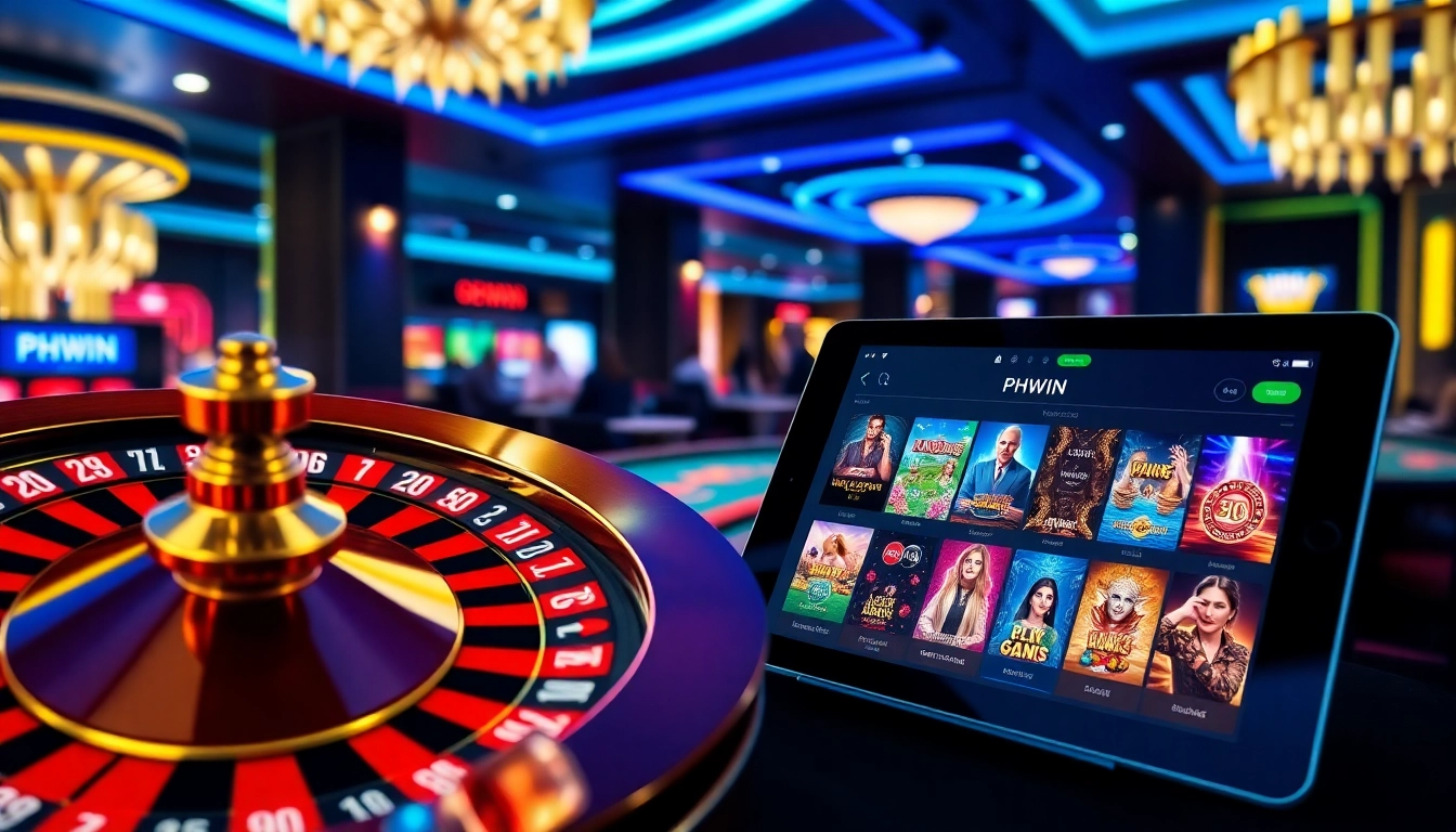 PHWIN's engaging online casino experience with roulette, poker chips, and top games.