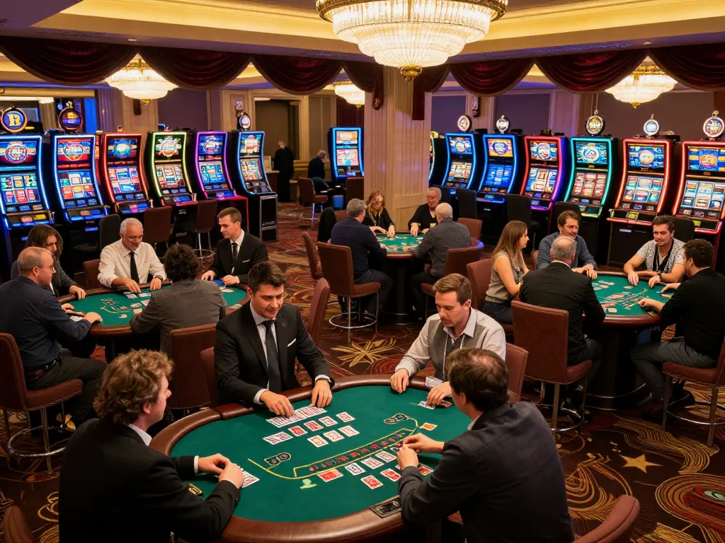 KJC members engaging in an exciting game of blackjack on a vibrant casino floor, showcasing strategic gameplay.