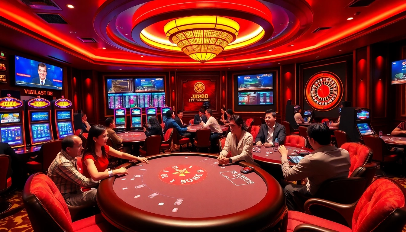 Experience high-stakes action with BJ88 at vibrant casino tables filled with poker chips.
