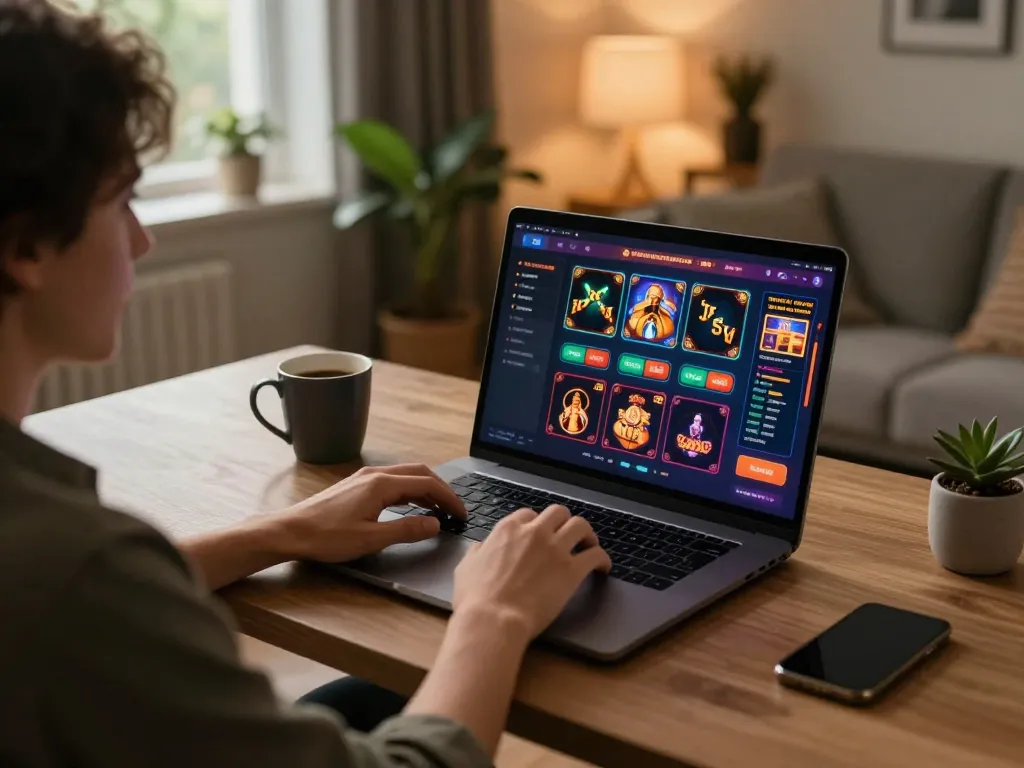Experience immersive online gaming at https://ok365.best/ in a cozy home setting with warm lighting.