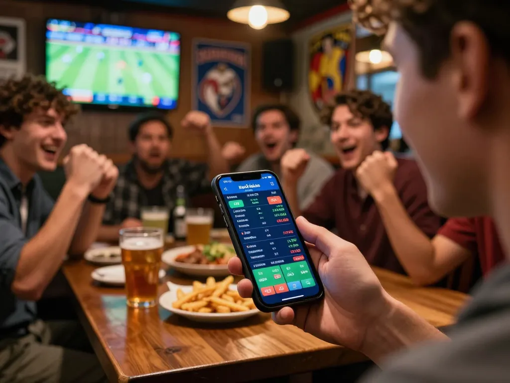 Engaging in kèo nhà cái sports betting on mobile app amidst lively bar atmosphere, friends cheering.