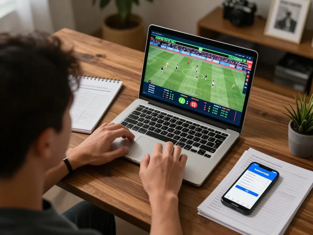 Engaged player analyzing betting odds on keonhacaii88 during live sports event in modern home office