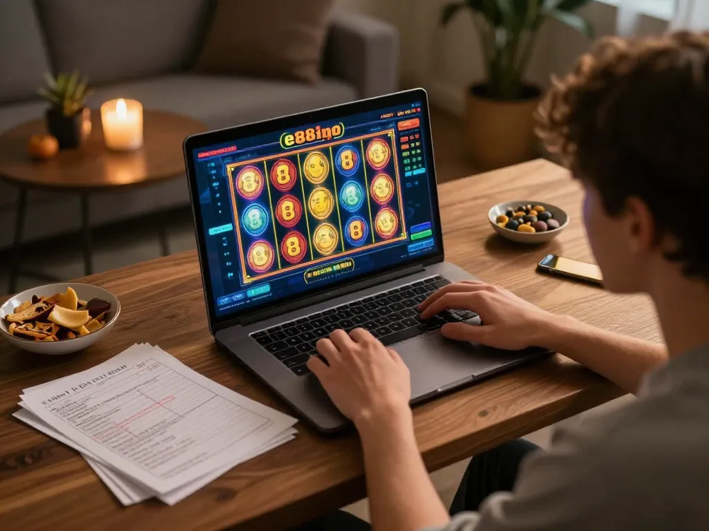 Engaging in exciting ee88go online slots gameplay from a cozy home setup.