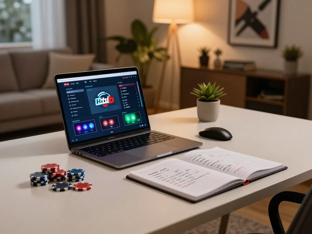 Engaging in strategic online gaming at Hitclub with a laptop and betting notes.