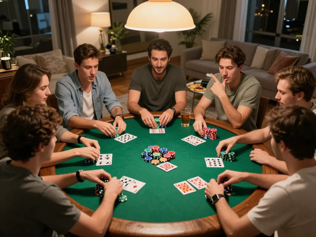 Players enjoy an exciting poker night at home, enhancing cm88's online gaming experience with strategy and fun.