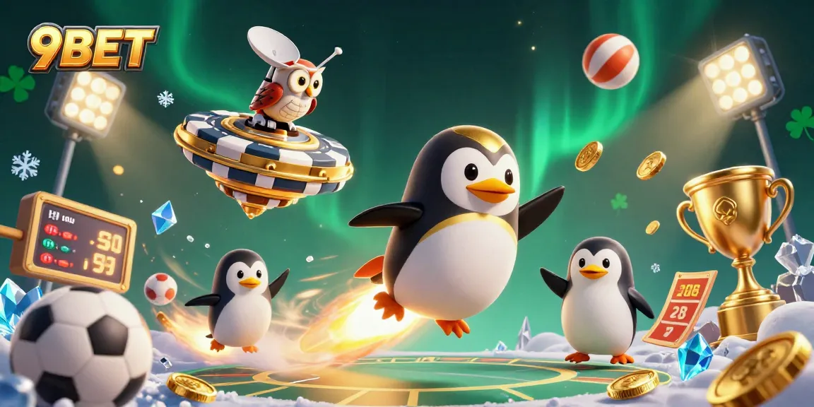 9BET offers dynamic sports betting with a golden penguin zooming towards a vibrant casino in space.