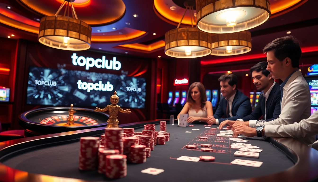 Engaging players at a luxurious topclub casino table, showcasing high-stakes poker excitement.