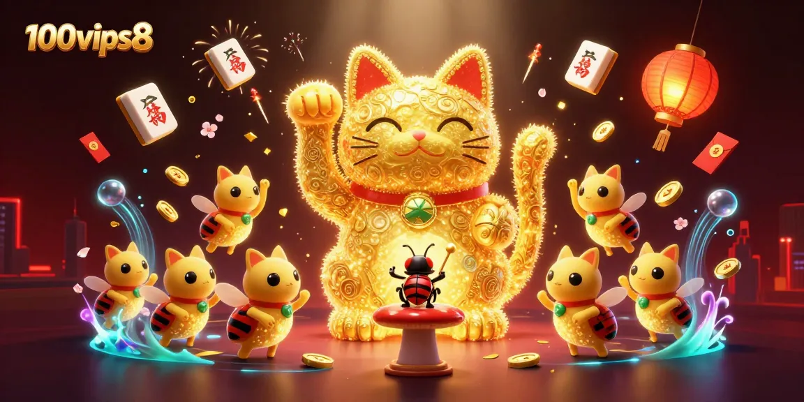 100vips8 showcases golden fireflies as a lucky cat surrounded by vibrant casino-themed elements.