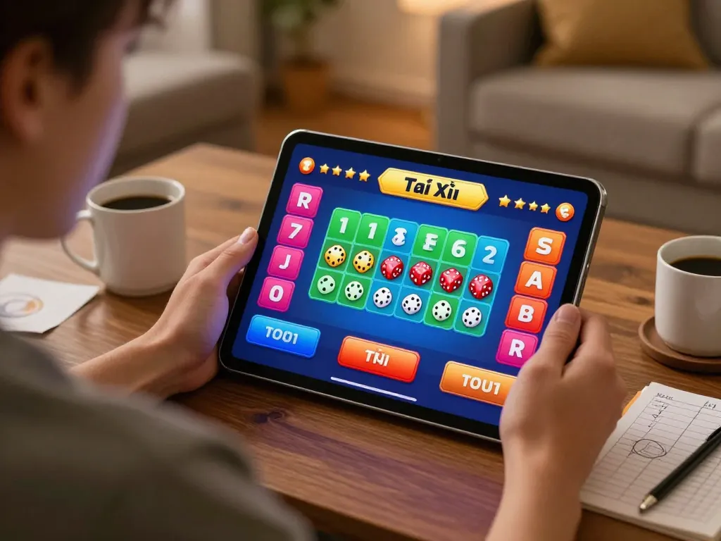 Tài Xỉu online gameplay on tablet with vibrant interface in cozy home setting