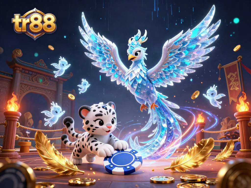 Experience thrilling gameplay with tr88's ice phoenix and poker chip action in a vibrant casino scene.