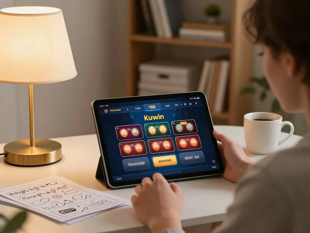 Kuwin user engaged in online casino activities, emphasizing strategic gameplay in a warm home setting.