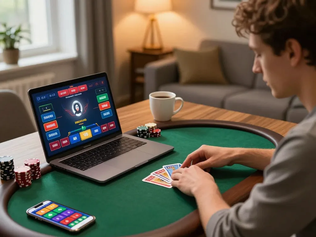 Player strategizing their next move on QQ88 poker app, showcasing a focused online gaming environment